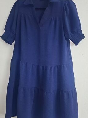 Relaxed Tiered Mini Dress in Navy with Notch V-Neck